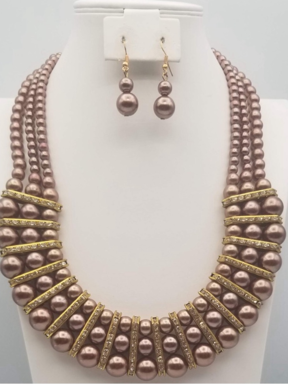 Elegant Rose Gold Pearl Statement Necklace and Earring Set
